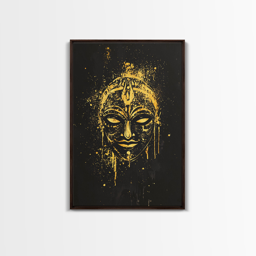 Mystical Goddess Mask Gold Canvas Art, Cultural Wall Print With Real Wood Frame, Splatter Style Decor For Bold Homes