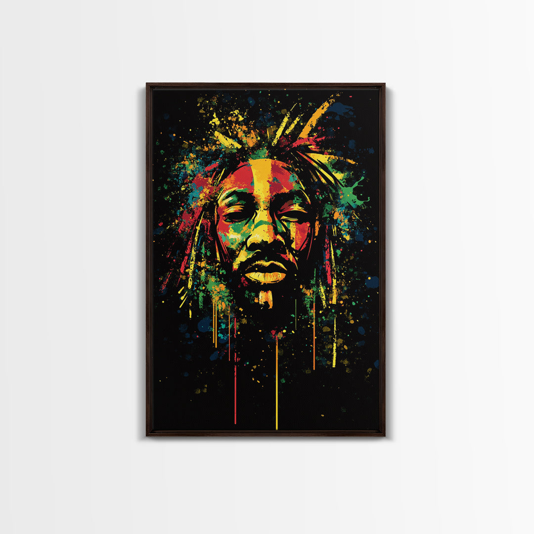 Rastafarian Portrait Gold Canvas Print, Vibrant Cultural Wall Art With Real Wood Frame, Bold Splatter Style Decor