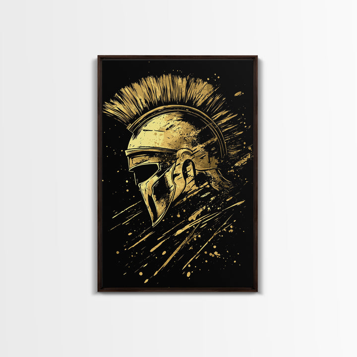 Spartan Warrior Helmet Gold Canvas Print, Ancient Greek Art, Mythology Wall Decor, Real Wood Frame, Bold Statement Piece
