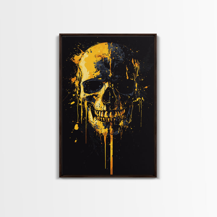 Dripping Skull Gold Canvas Print, Gothic Wall Art, Dark Decor, Edgy Skull Artwork, Real Wood Frame, Modern Statement Piece
