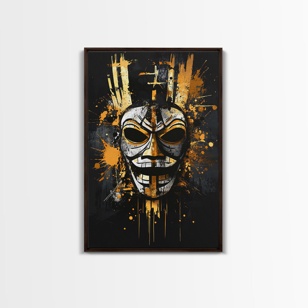 Tribal Warrior Mask Gold Canvas Print, Fierce Mask Art, Bold Wall Decor, Real Wood Frame, Dramatic Splatter Effect Artwork