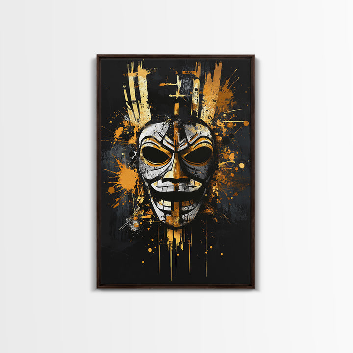 Tribal Warrior Mask Gold Canvas Print, Fierce Mask Art, Bold Wall Decor, Real Wood Frame, Dramatic Splatter Effect Artwork