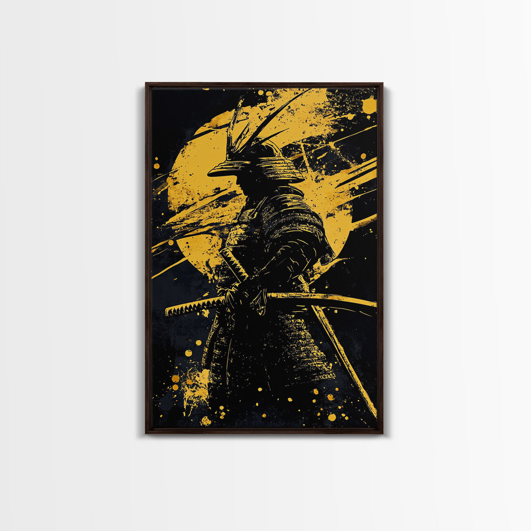 Samurai Warrior Gold Canvas Print, Japanese Art, Martial Wall Decor, Bushido Inspired Artwork, Real Wood Frame, Bold Statement Piece