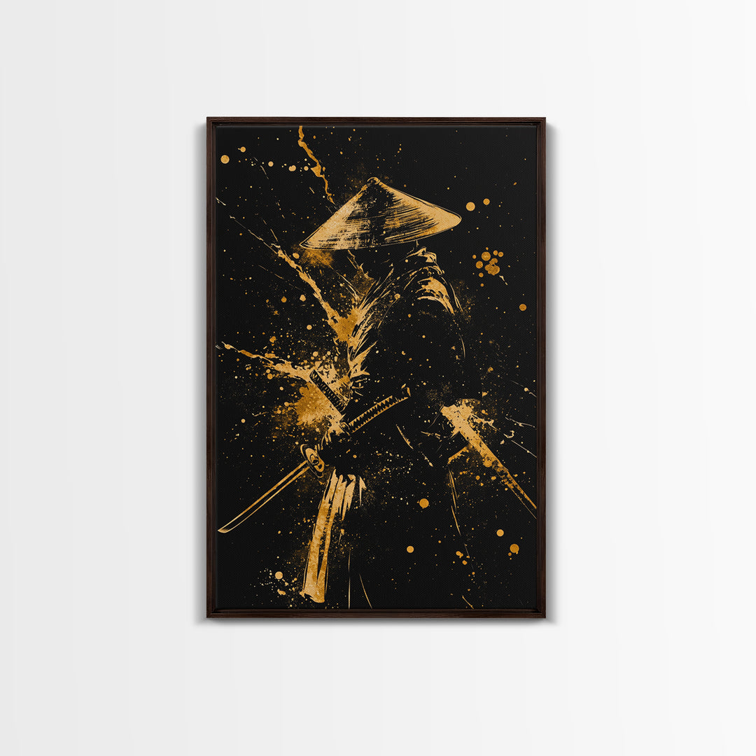 Ronin Samurai Gold Canvas Print, Japanese Warrior Art, Epic Splatter Decor, Real Wood Frame, Fierce Bushido Inspired Wall Artwork