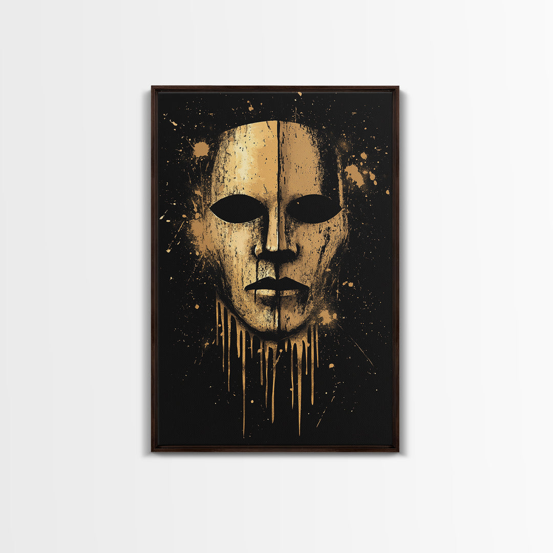 Ancient Warrior Mask Gold Canvas Print, Bold Tribal Decor, Striking Wall Art, Real Wood Frame, Splatter Effect Modern Artwork