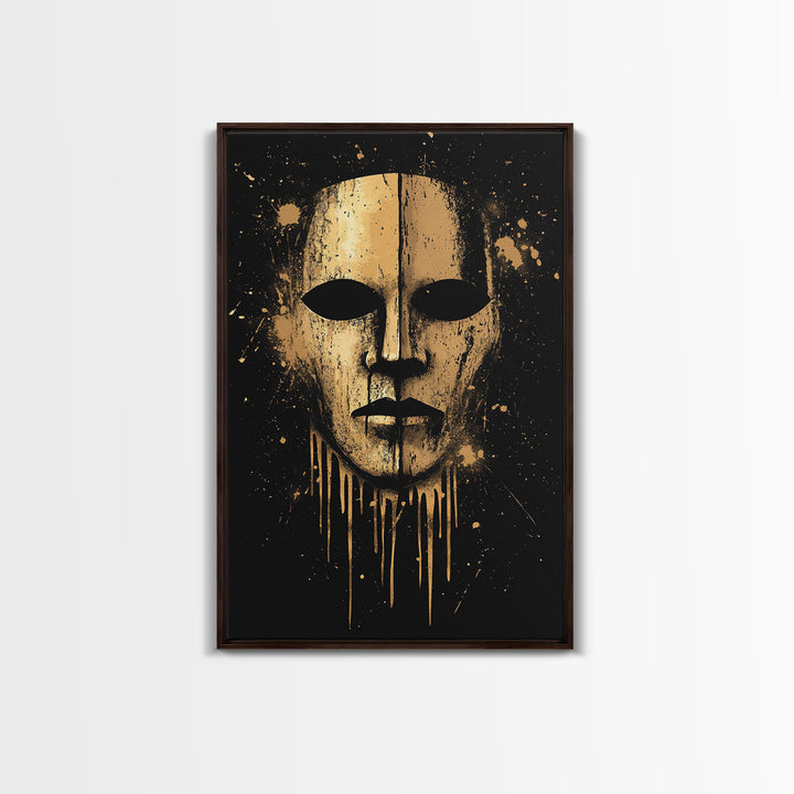 Ancient Warrior Mask Gold Canvas Print, Bold Tribal Decor, Striking Wall Art, Real Wood Frame, Splatter Effect Modern Artwork