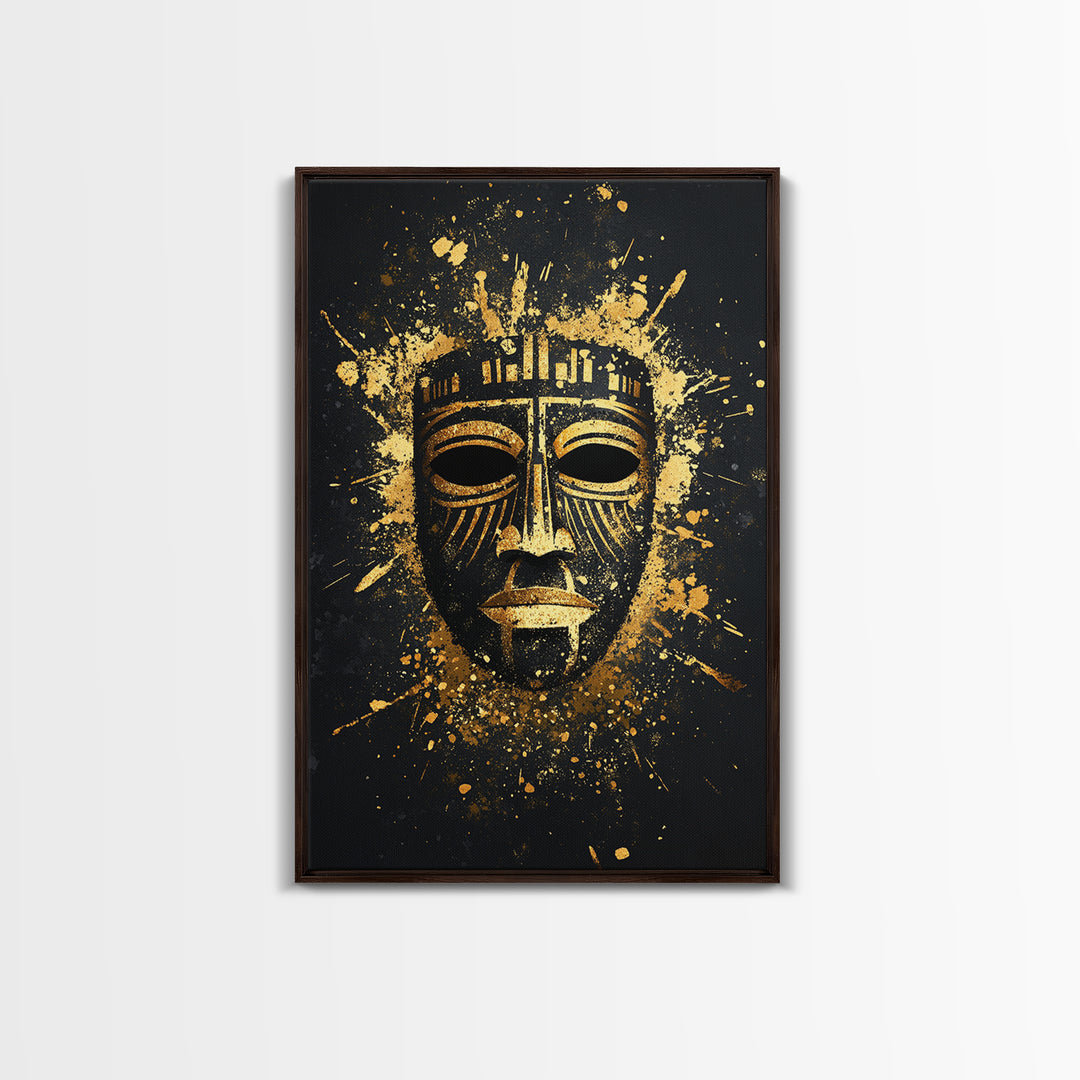 Mystical Tribal Mask Gold Canvas Print, Abstract Wall Art, Bold Statement Decor, Real Wood Frame, Unique Splatter Inspired Artwork