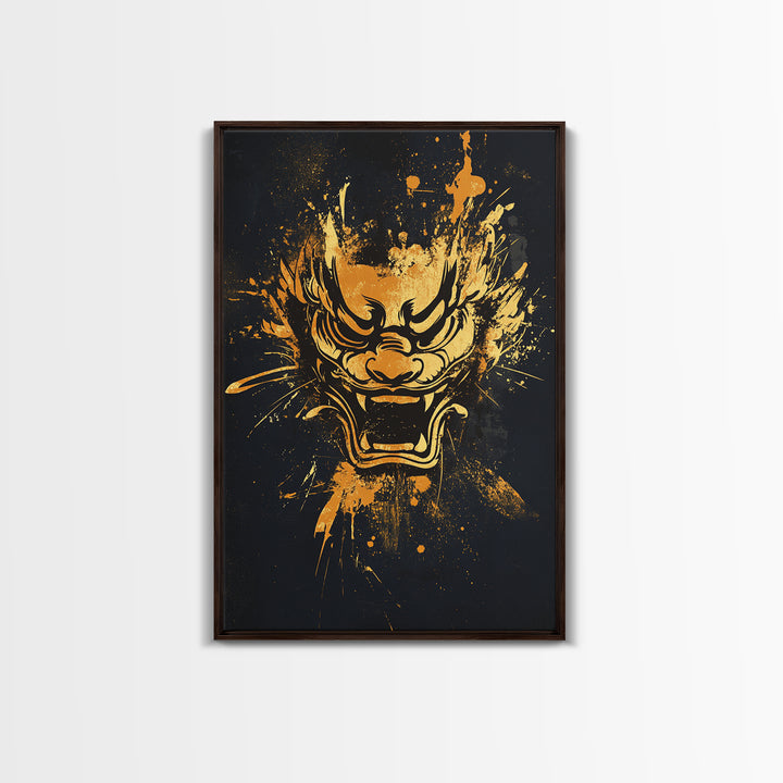 Mythical Dragon Face Gold Canvas Print, Asian Inspired Art, Fierce Wall Decor, Real Wood Frame, Splatter Style Statement Artwork