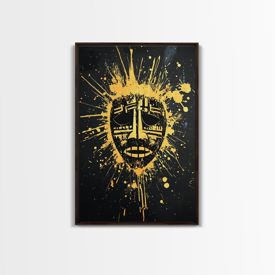 Tribal Mask Gold Canvas Print, Ethnic Wall Art, Real Wood Frame, Splatter Abstract Face Decor, Modern Tribal Home Accent