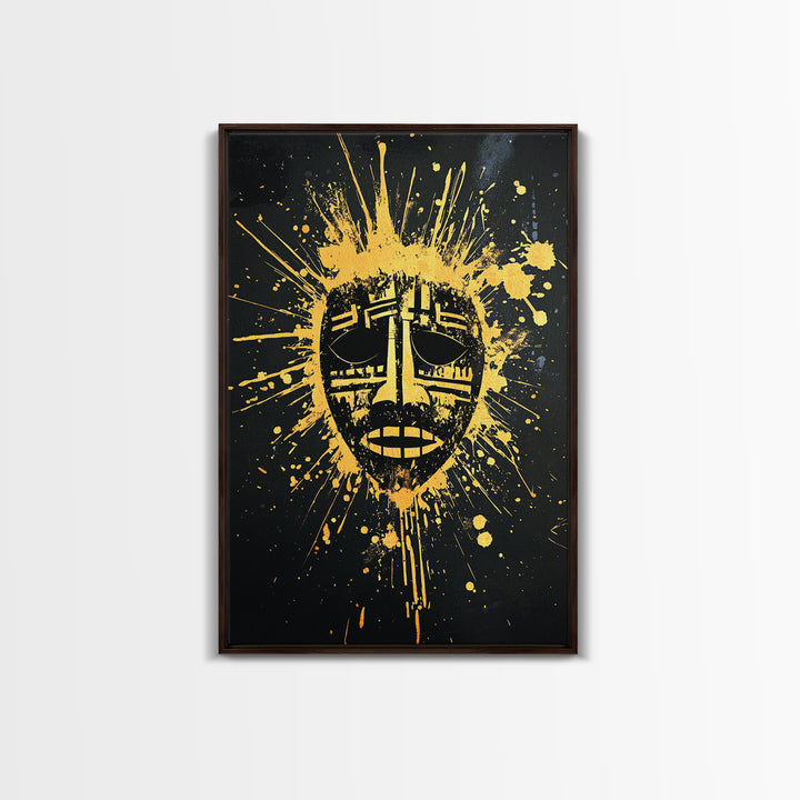 Tribal Mask Gold Canvas Print, Ethnic Wall Art, Real Wood Frame, Splatter Abstract Face Decor, Modern Tribal Home Accent