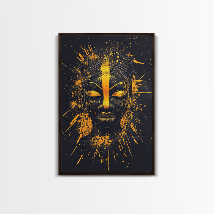 African Goddess Gold Canvas Print, Ethnic Wall Art, Real Wood Frame, Splatter Portrait Art, Bold Tribal Modern Decor