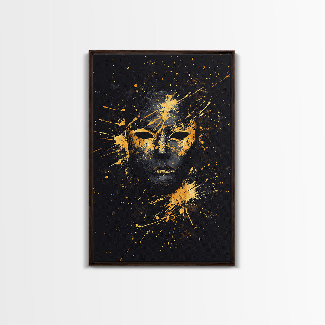 Mystical Face Gold Canvas Print, Tribal Mask Art, Real Wood Frame, Splatter Abstract Decor, Cultural Ethnic Wall Accent