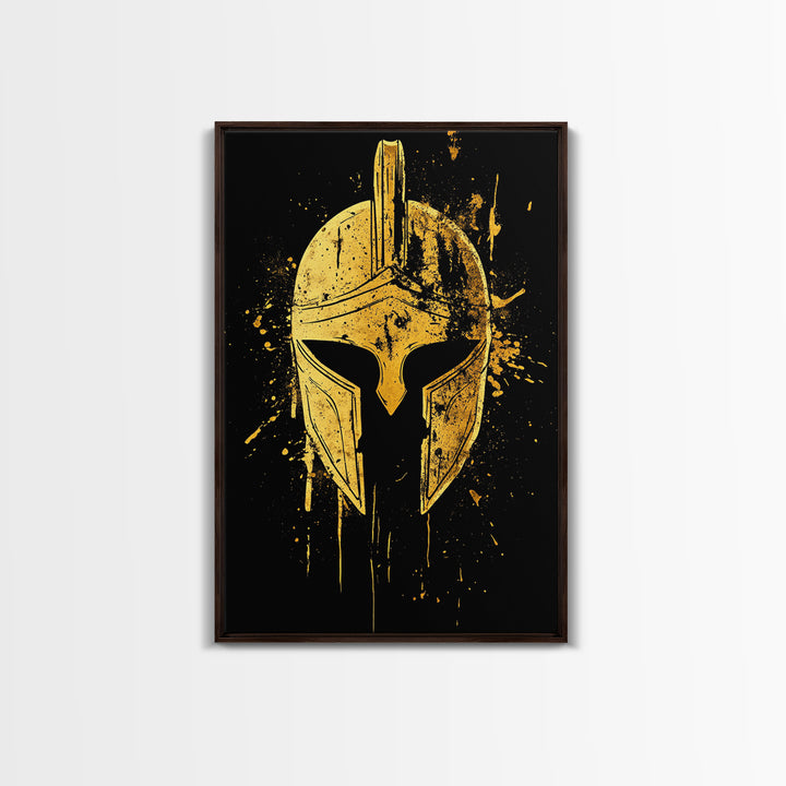 Spartan Helmet Gold Canvas Print, Warrior Wall Art, Real Wood Frame, Bold Historic Decor, Ancient Greek Inspired Artwork