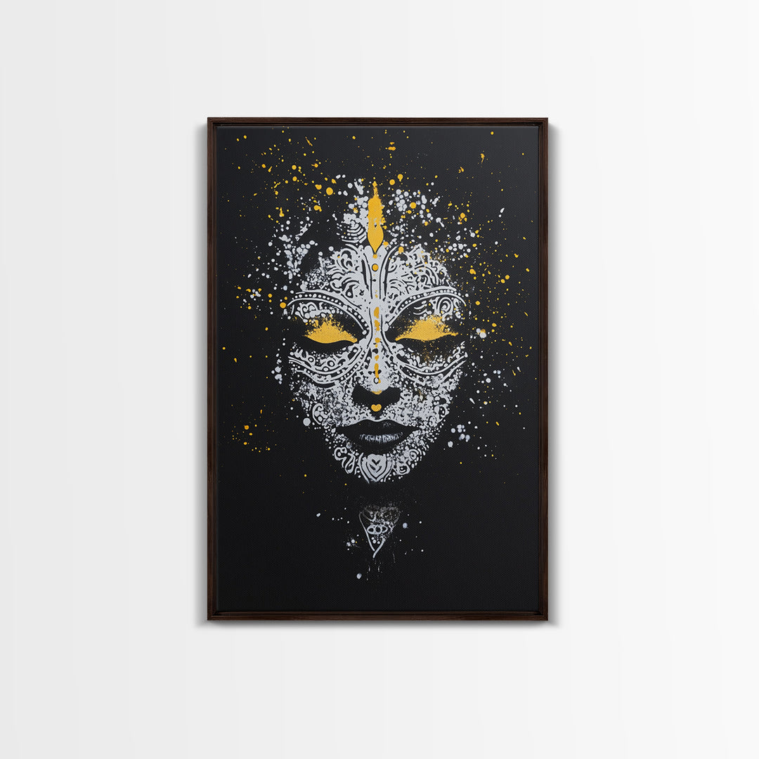 Demon Mask Gold Canvas Print, Tribal Wall Art, Real Wood Frame, Mythical Splatter Art, Cultural Home Decor Accent