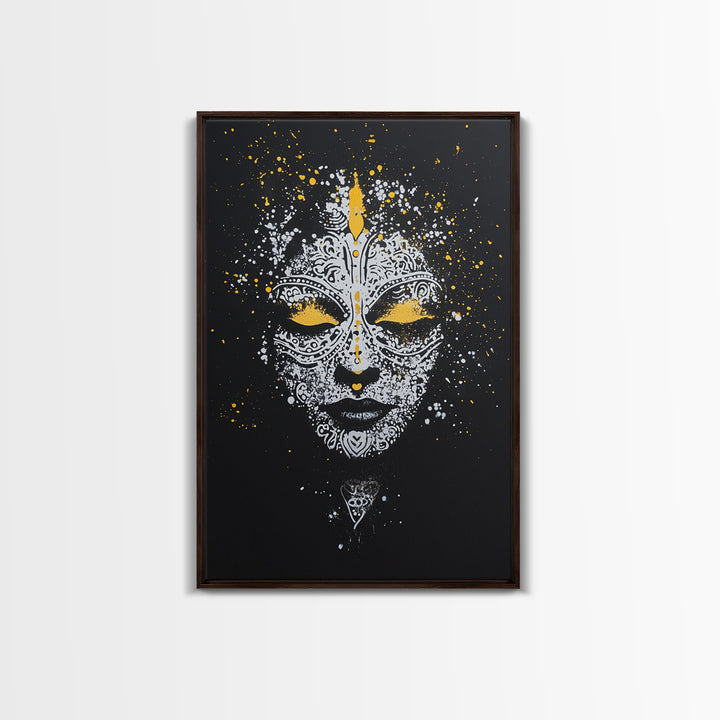 Demon Mask Gold Canvas Print, Tribal Wall Art, Real Wood Frame, Mythical Splatter Art, Cultural Home Decor Accent