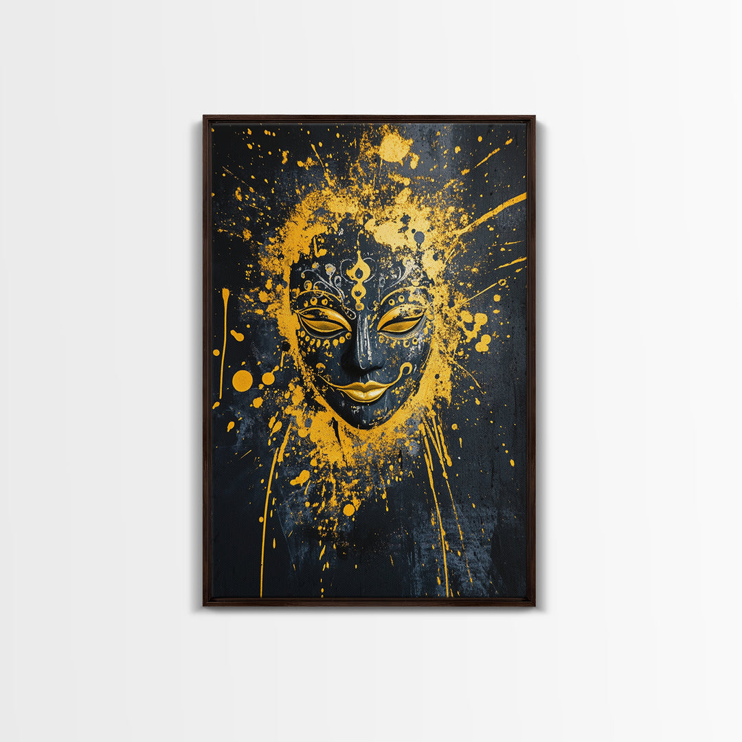 Sacred Mask Gold Canvas Print, Ethnic Wall Art, Real Wood Frame, Mystical Splatter Portrait, Tribal Inspired Home Decor