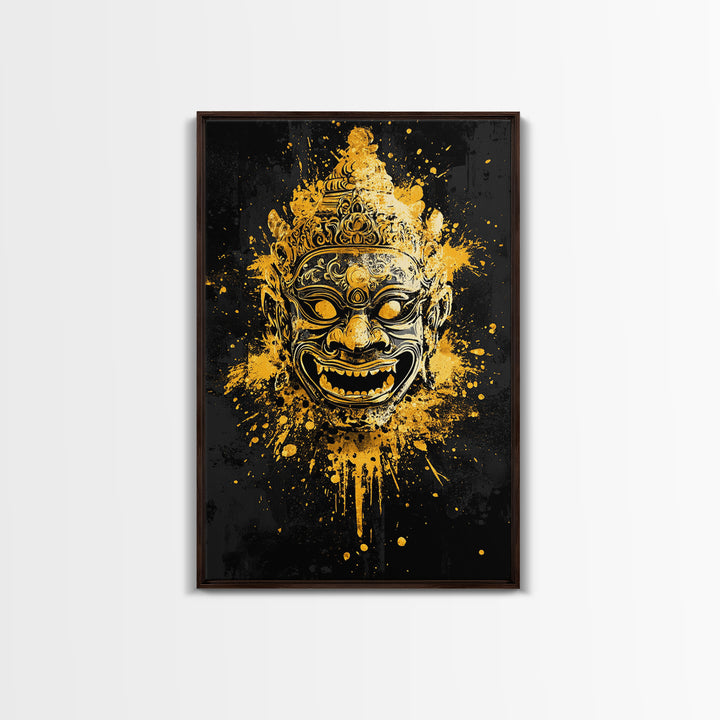 Ornamental Face Gold Canvas Print, Tribal Mask Wall Art, Real Wood Frame, Ethnic Splatter Decor, Cultural Portrait Artwork