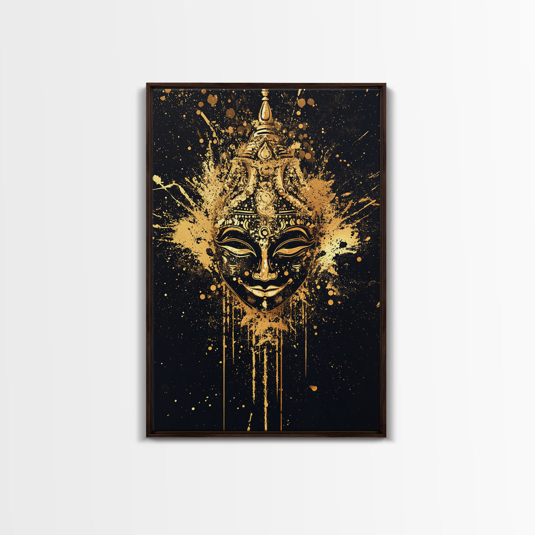 Decorative Mask Gold Canvas Print, Tribal Wall Art, Real Wood Frame, Splatter Abstract Portrait, Ethnic Cultural Accent