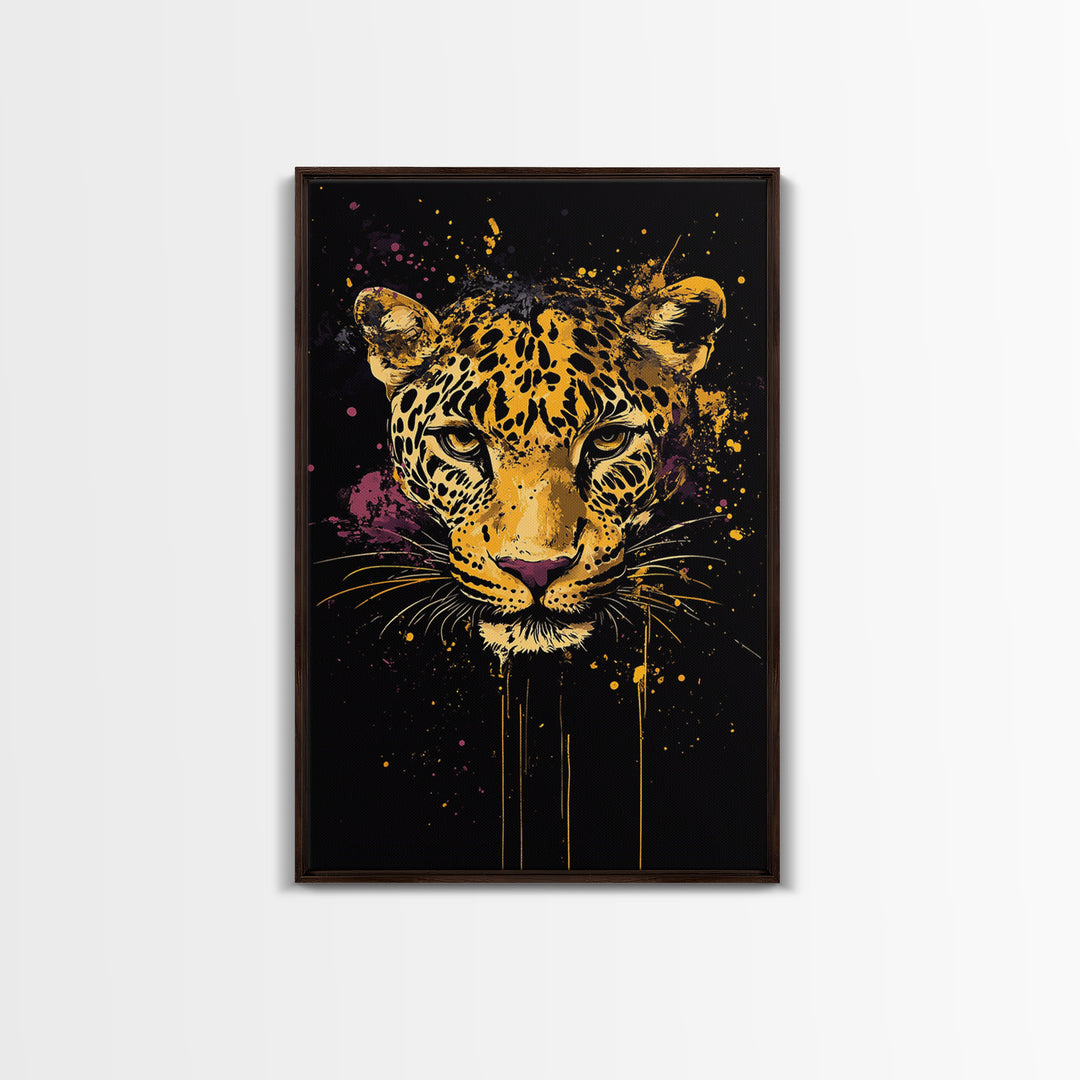 Leopard Portrait Gold Canvas Print, Tribal Animal Art, Real Wood Frame, Splatter Wildlife Decor, Bold Exotic Jungle Artwork
