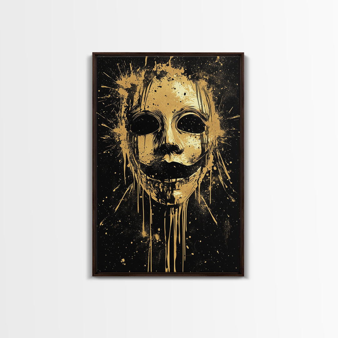 Tribal Mask Splatter Art, Gold Canvas Print, Abstract Ethnic Wall Decor, Real Wood Frame, Modern Warrior Artwork