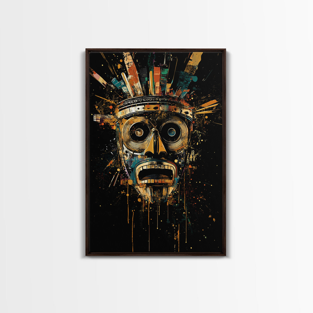 Abstract Splatter Mask Face, Gold Canvas Print, Modern Tribal Wall Art, Real Wood Frame, Contemporary Statement Decor