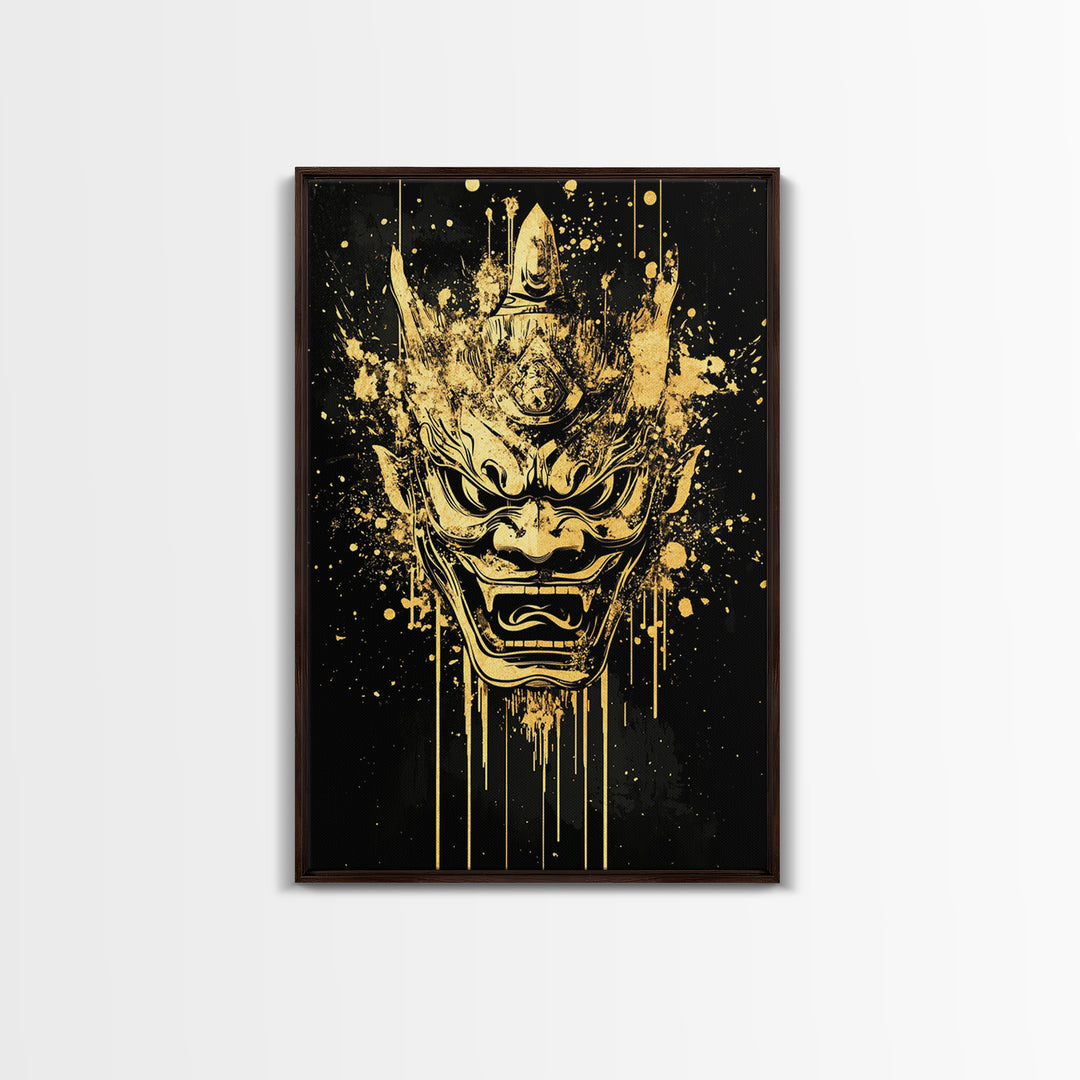 Mythical Demon Splatter Mask, Gold Canvas Print, Bold Wall Art, Real Wood Frame, Fierce Cultural Decor