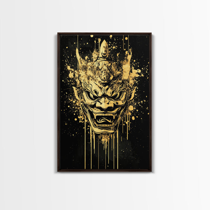 Mythical Demon Splatter Mask, Gold Canvas Print, Bold Wall Art, Real Wood Frame, Fierce Cultural Decor