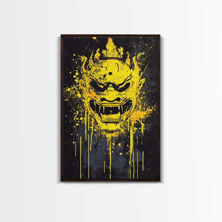 Sacred Mask Splatter Art, Gold Canvas Print, Ethnic Spiritual Wall Decor, Real Wood Frame, Mystical Warrior Artwork