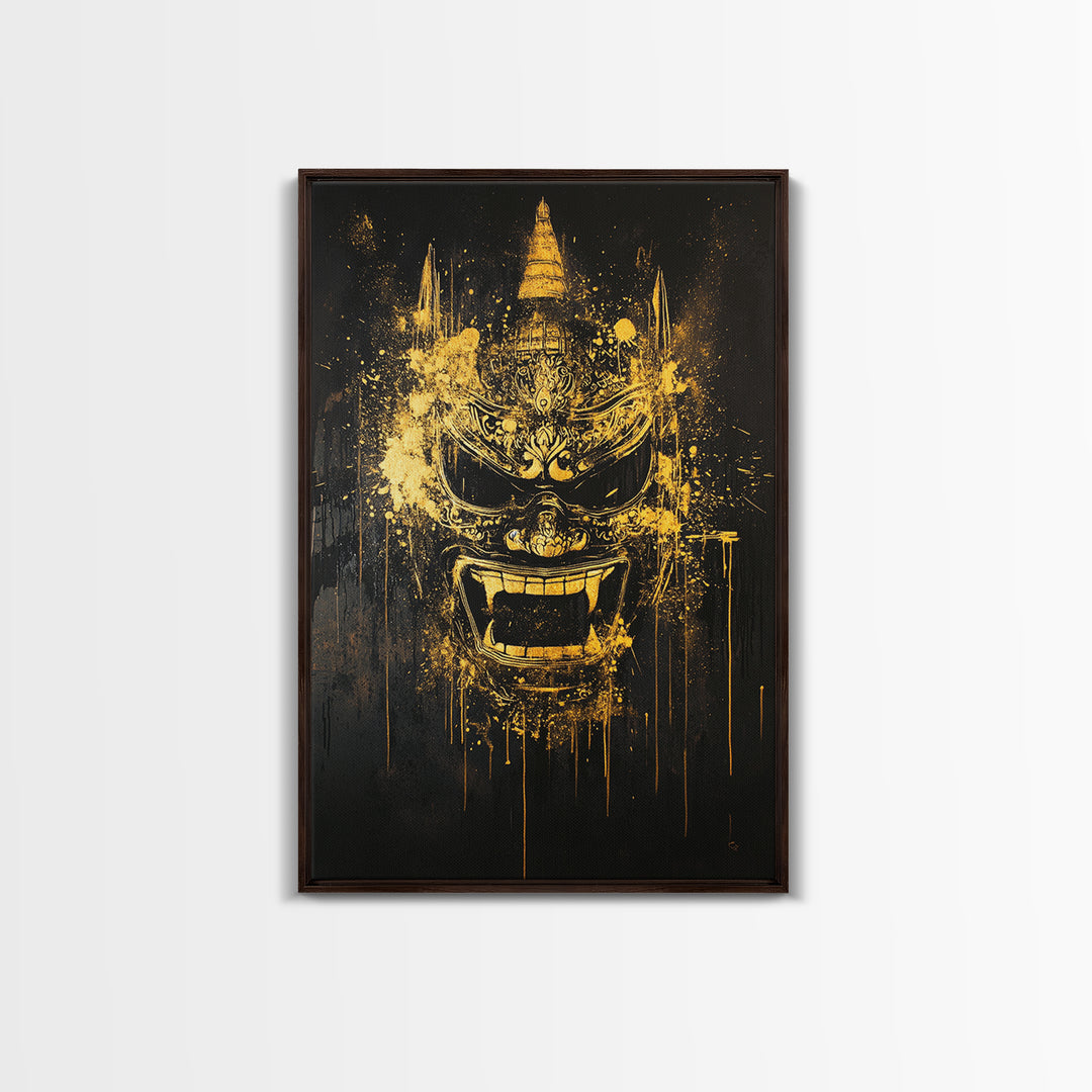 Ornate Splatter Face Mask, Gold Canvas Print, Abstract Cultural Wall Art, Real Wood Frame, Detailed Tribal Artwork