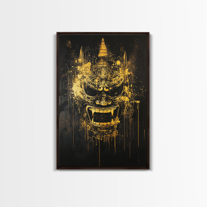 Ornate Splatter Face Mask, Gold Canvas Print, Abstract Cultural Wall Art, Real Wood Frame, Detailed Tribal Artwork