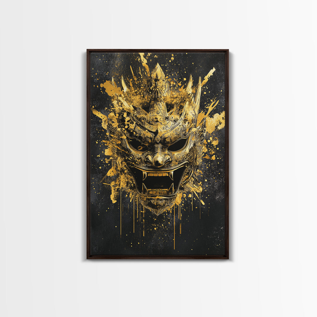 Decorative Tribal Splatter Mask, Gold Canvas Print, Modern Ethnic Wall Decor, Real Wood Frame, Bold Statement Artwork