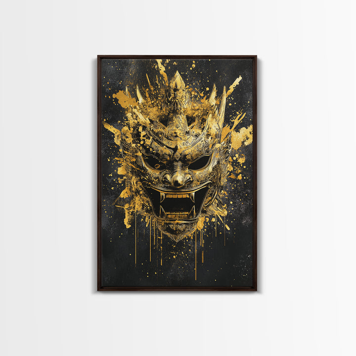 Decorative Tribal Splatter Mask, Gold Canvas Print, Modern Ethnic Wall Decor, Real Wood Frame, Bold Statement Artwork