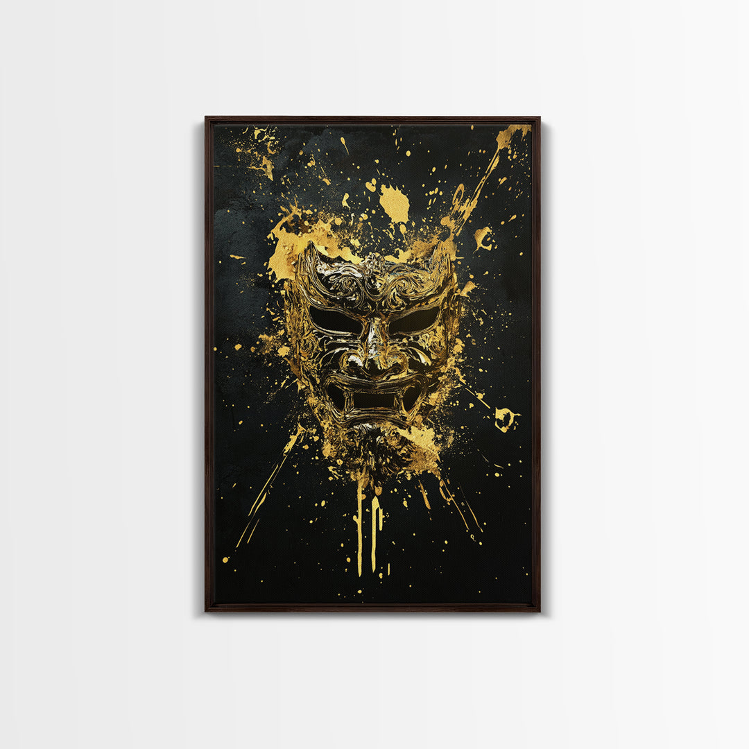 Fierce Demon Mask Gold Canvas Print, Splatter Art Wall Decor, Mythical Wall Art, Real Wood Frame, Tribal Home Accent