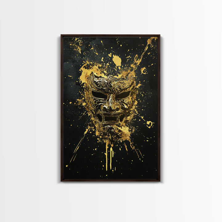 Fierce Demon Mask Gold Canvas Print, Splatter Art Wall Decor, Mythical Wall Art, Real Wood Frame, Tribal Home Accent