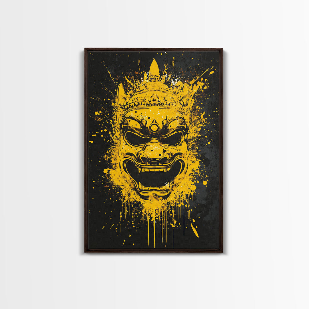 Ancient Warrior Mask Gold Canvas Print, Splatter Style Wall Decor, Bold Wall Art, Real Wood Frame, Mythical Home Accent