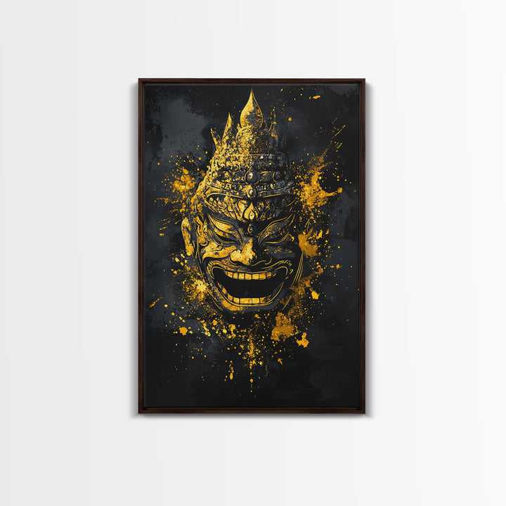 Mythical Demon Mask Gold Canvas Print, Splatter Style Wall Decor, Tribal Inspired Wall Art, Real Wood Frame, Bold Home Accent