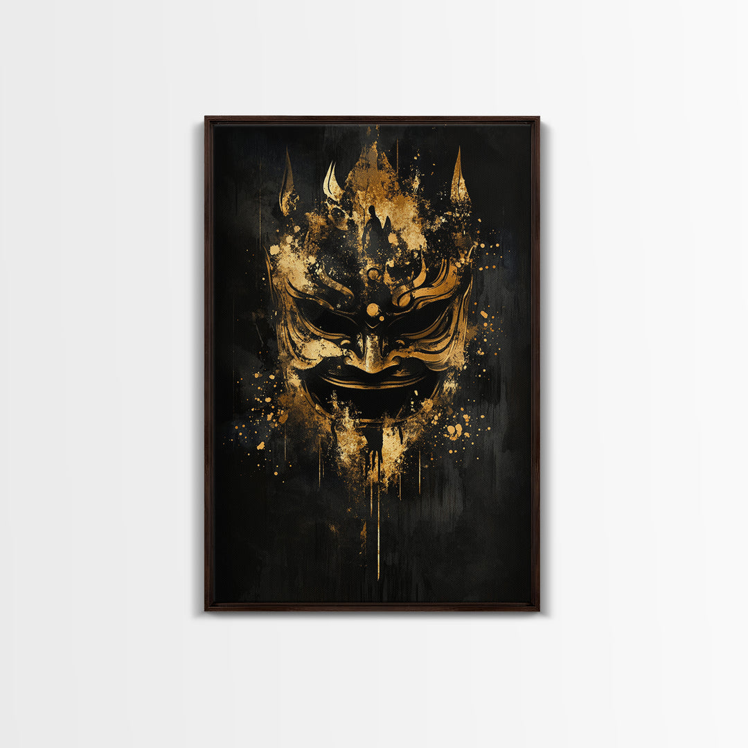 Vibrant Demon Face Gold Canvas Print, Splatter Art Wall Decor, Tribal Mythical Mask, Real Wood Frame, Bold Home Accent