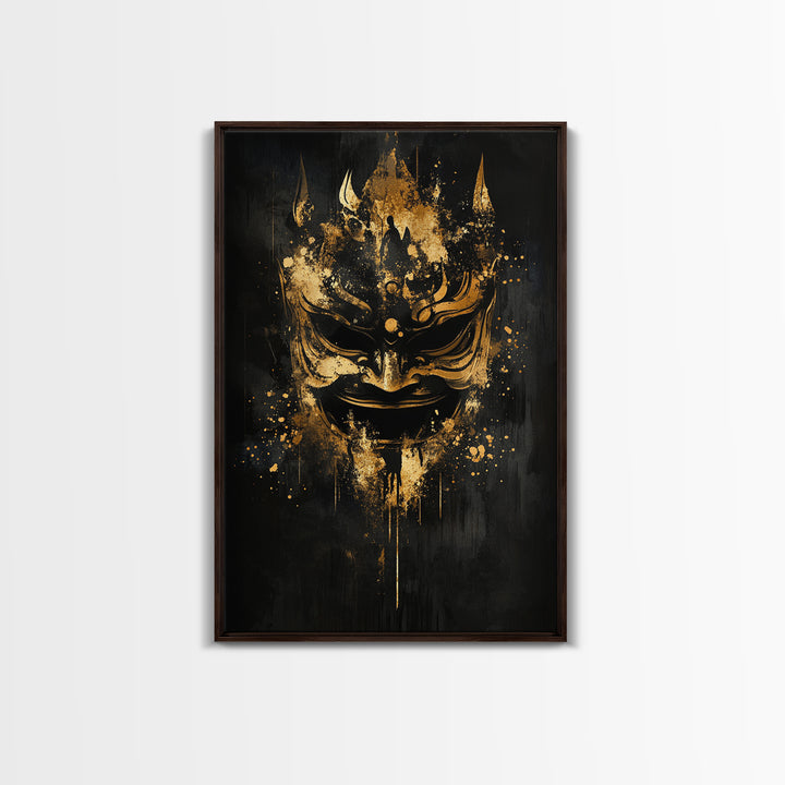 Vibrant Demon Face Gold Canvas Print, Splatter Art Wall Decor, Tribal Mythical Mask, Real Wood Frame, Bold Home Accent