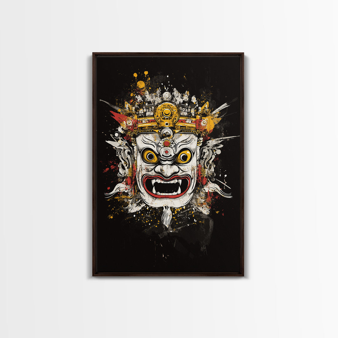 Balinese Mask Gold Canvas Print, Splatter Art Wall Decor, Mythical Cultural Wall Art, Real Wood Frame, Tribal Home Accent