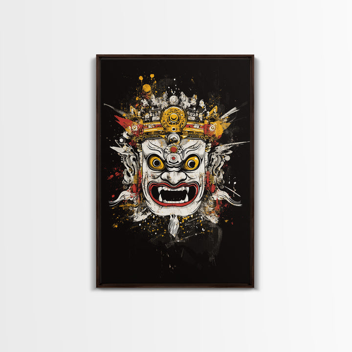 Balinese Mask Gold Canvas Print, Splatter Art Wall Decor, Mythical Cultural Wall Art, Real Wood Frame, Tribal Home Accent