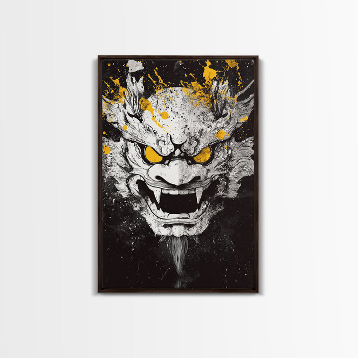 Dragon Demon Face Gold Canvas Print, Splatter Style Wall Decor, Fierce Mythical Mask Art, Real Wood Frame, Tribal Home Accent