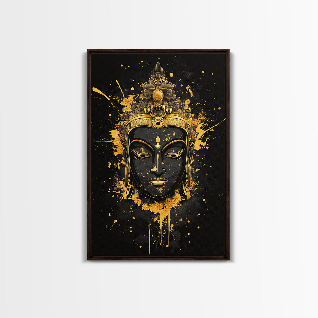 Buddha Head Gold Canvas Print, Sacred Splatter Style Wall Decor, Spiritual Wall Art, Real Wood Frame, Tranquil Home Accent