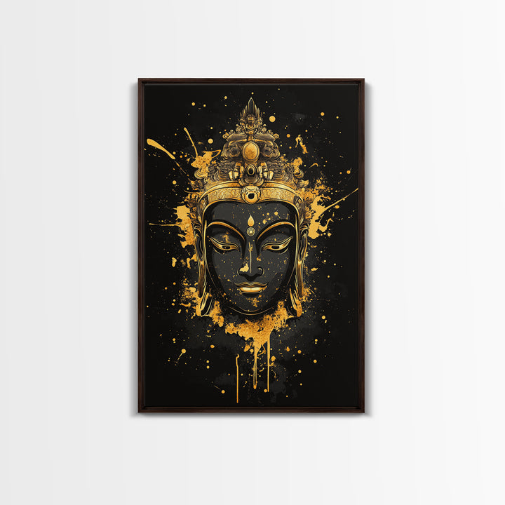 Buddha Head Gold Canvas Print, Sacred Splatter Style Wall Decor, Spiritual Wall Art, Real Wood Frame, Tranquil Home Accent