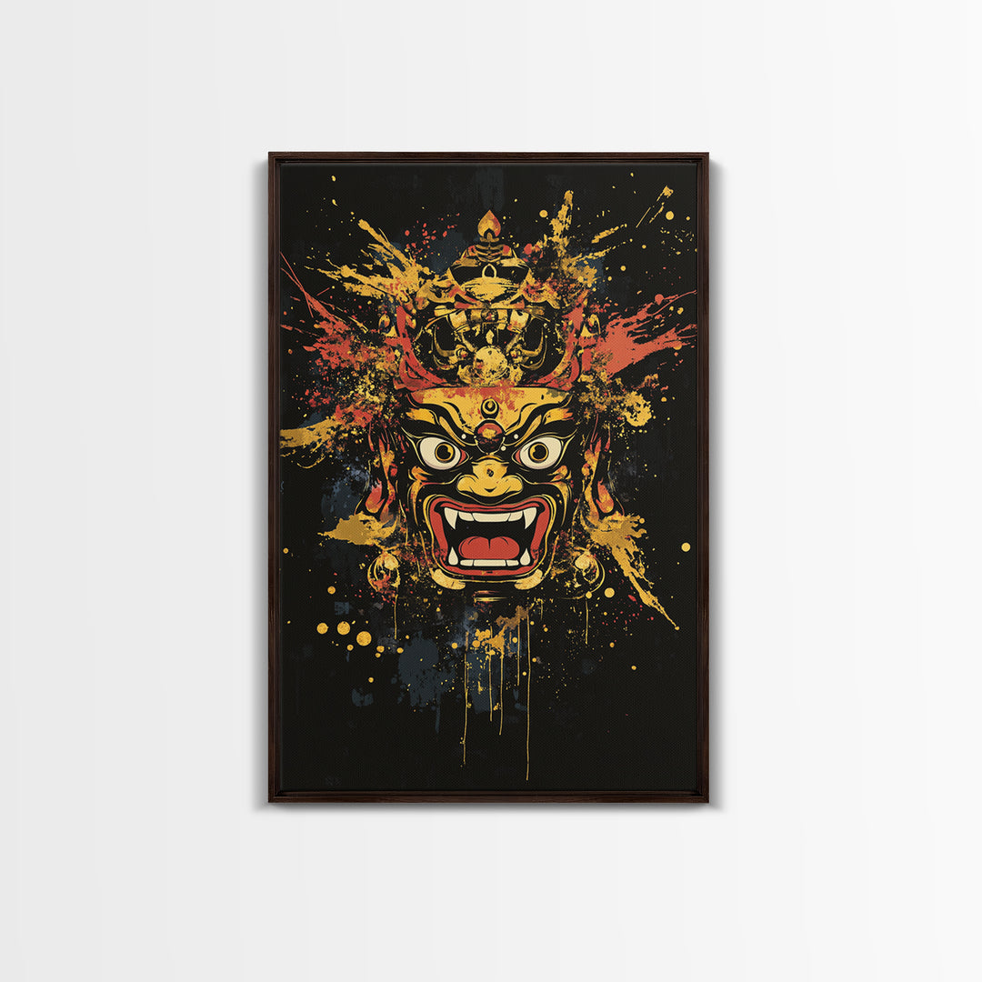 Fierce Mask Gold Canvas Print, Splatter Art Wall Decor, Bold Tribal Mythical Face Art, Real Wood Frame, Statement Home Accent