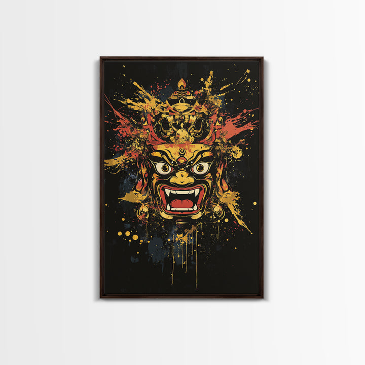 Fierce Mask Gold Canvas Print, Splatter Art Wall Decor, Bold Tribal Mythical Face Art, Real Wood Frame, Statement Home Accent