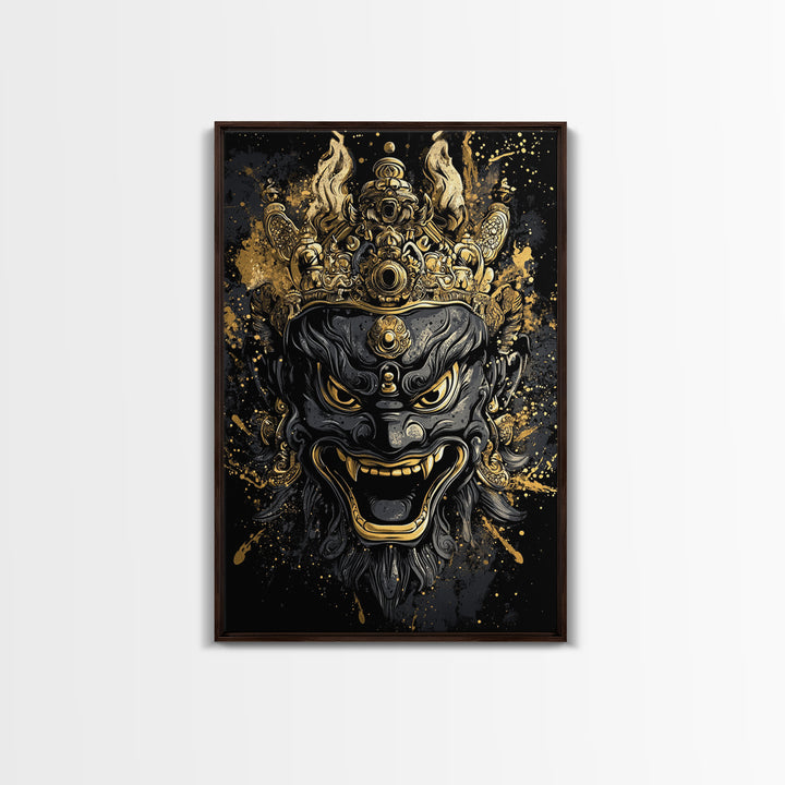 Intricate Demon Mask Gold Canvas Print, Splatter Style Wall Decor, Fierce Mythical Face Art, Real Wood Frame, Tribal Accent