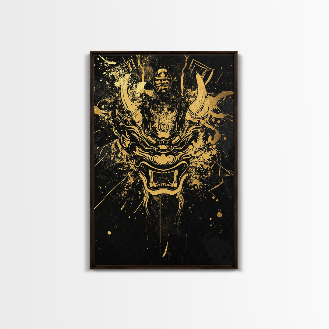 Samurai Demon Mask Gold Canvas Print, Splatter Style Wall Decor, Warrior Inspired Wall Art, Real Wood Frame, Tribal Home Accent