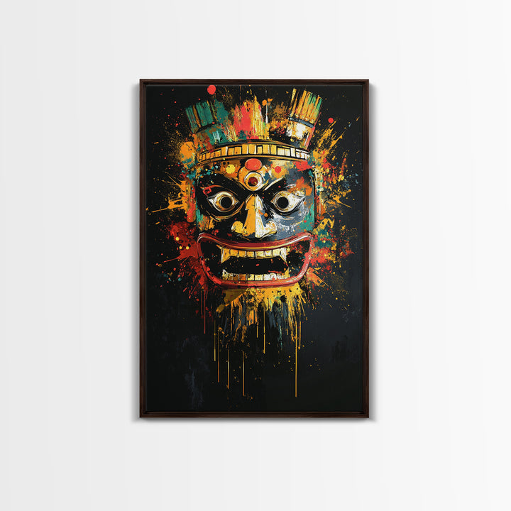 Aztec Warrior Mask Gold Canvas Print, Tribal Wall Art, Splatter Style Decor, Real Wood Frame, Bold Statement Piece