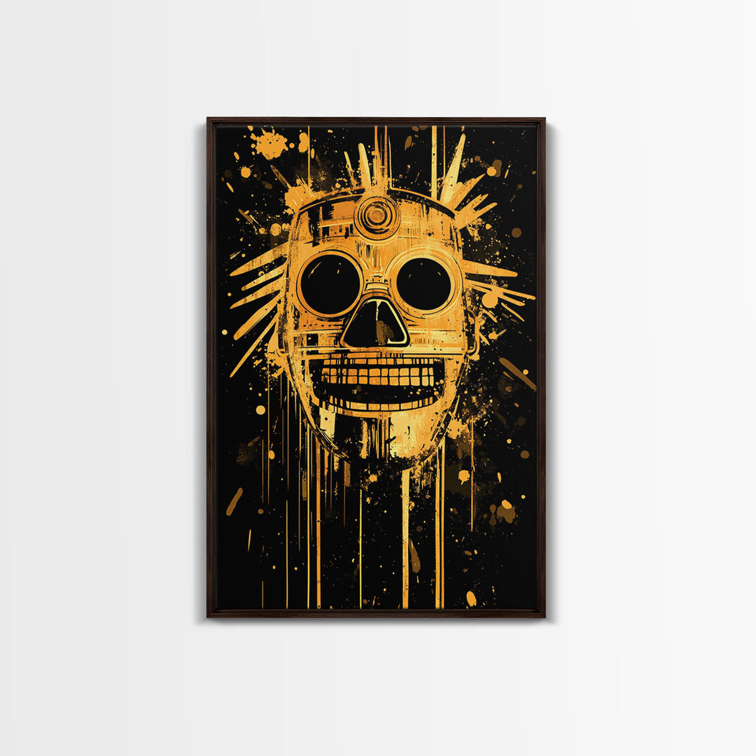 Inca Sun God Mask Gold Canvas Print, Ancient Tribal Wall Art, Splatter Ink Style, Real Wood Frame, Bold Home Decor