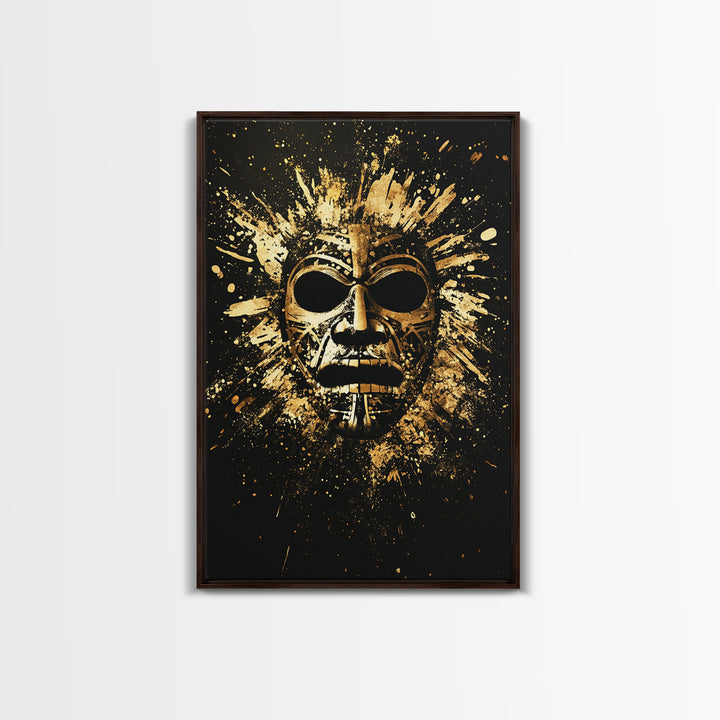 Mayan Ritual Mask Gold Canvas Print, Ancient Tribal Wall Art, Splatter Paint Style, Real Wood Frame, Bold Statement Decor